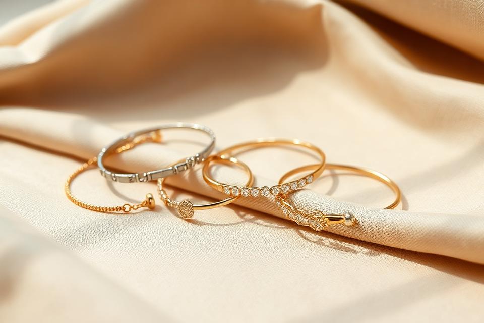 Assortment of gold and silver bracelets on warm linen