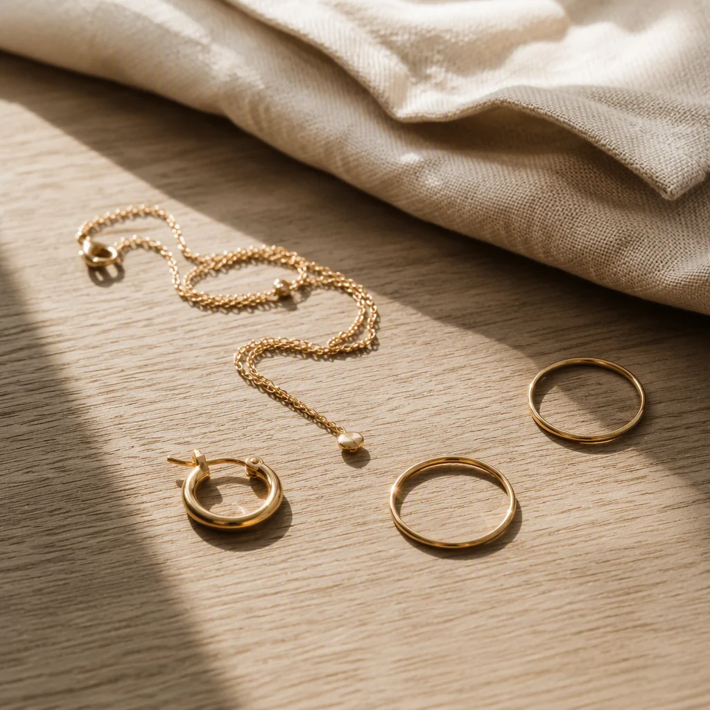 Macro detail of Orvielle gold ring and chain on natural linen