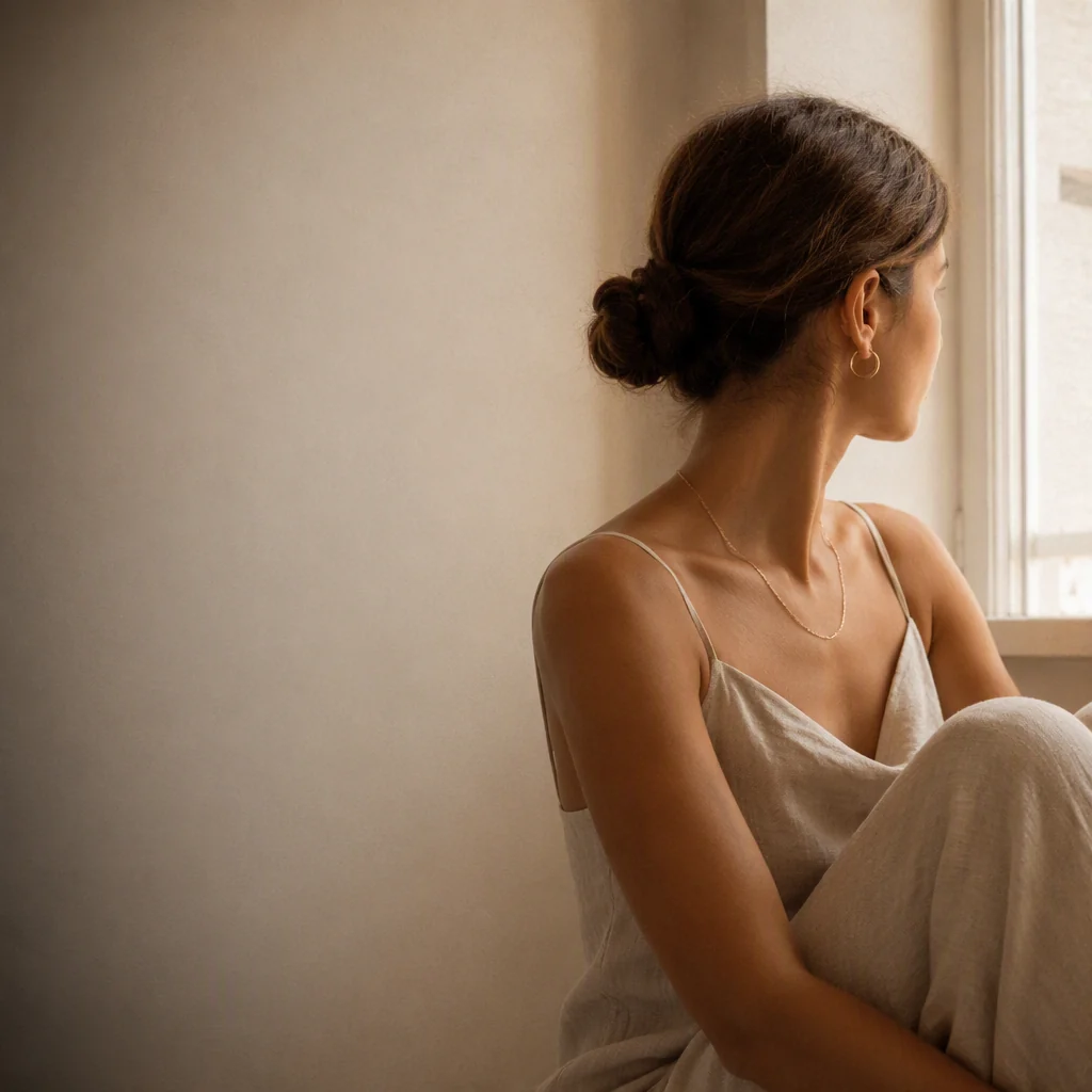 Woman in soft morning light wearing delicate Orvielle gold jewelry