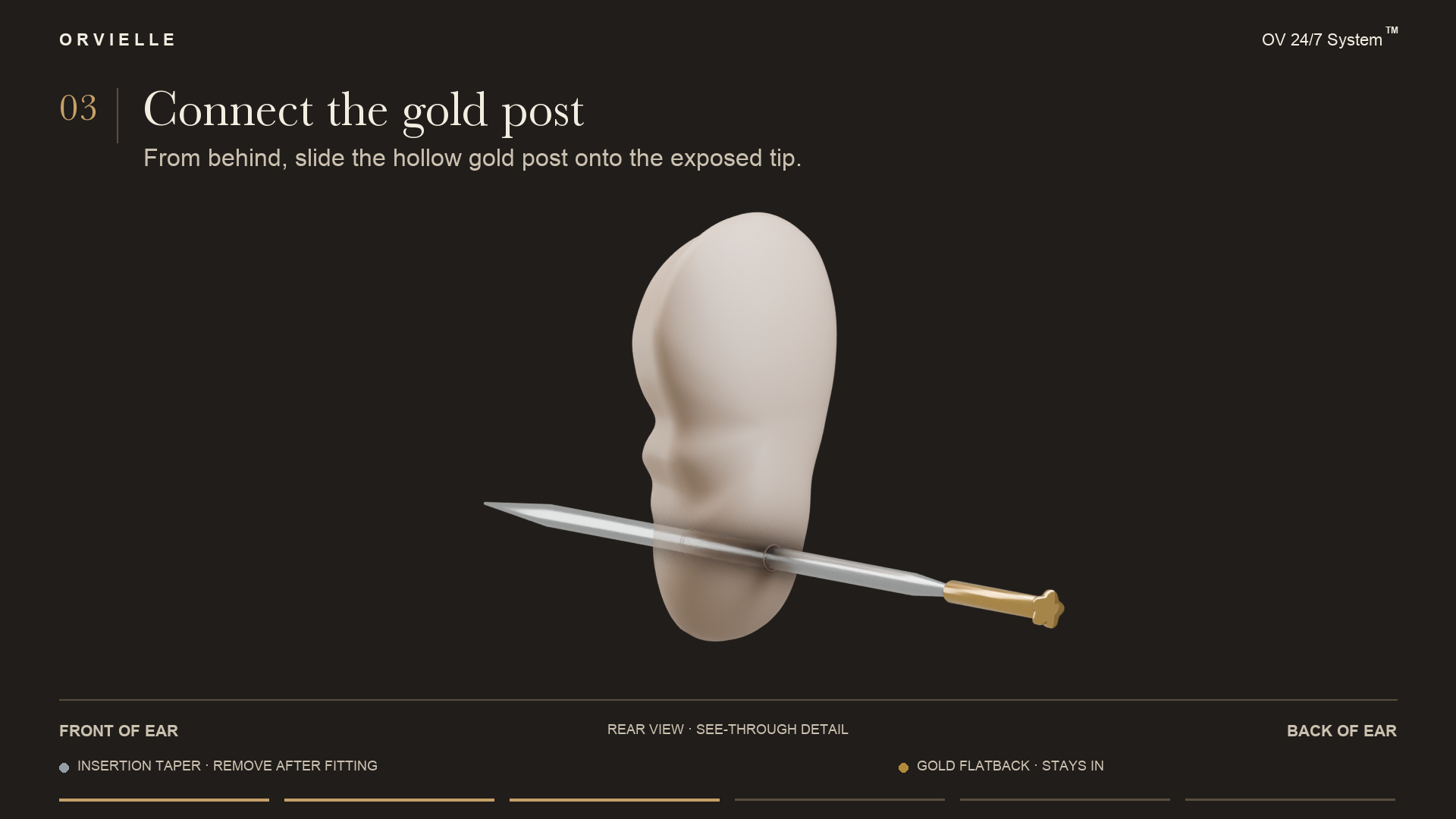 Step 3: Connect behind your ear. From behind, slide your gold flatback post onto the exposed tip of the taper. No twisting is needed.